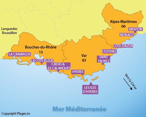Karte von Stränden und Badeorte in der PACA in Frankreich