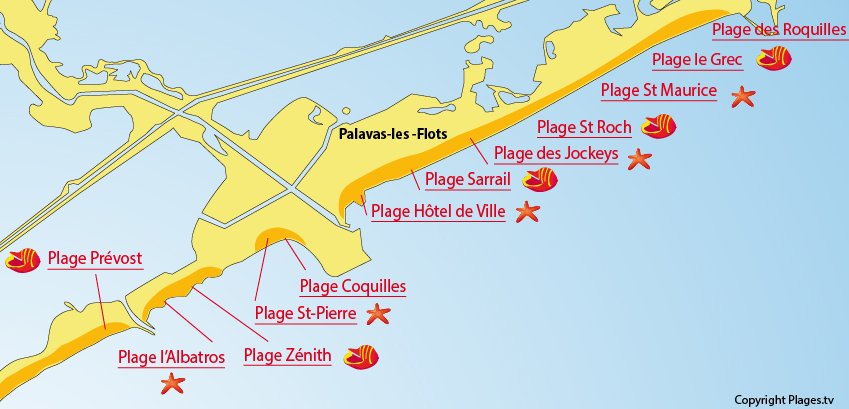 Plan des plages de Palavas les Flots dans l'Hérault