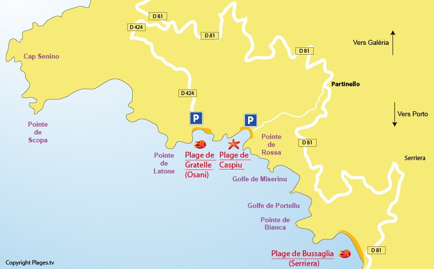 Plan des plages de Partinello dans le golfe de Porto en Corse