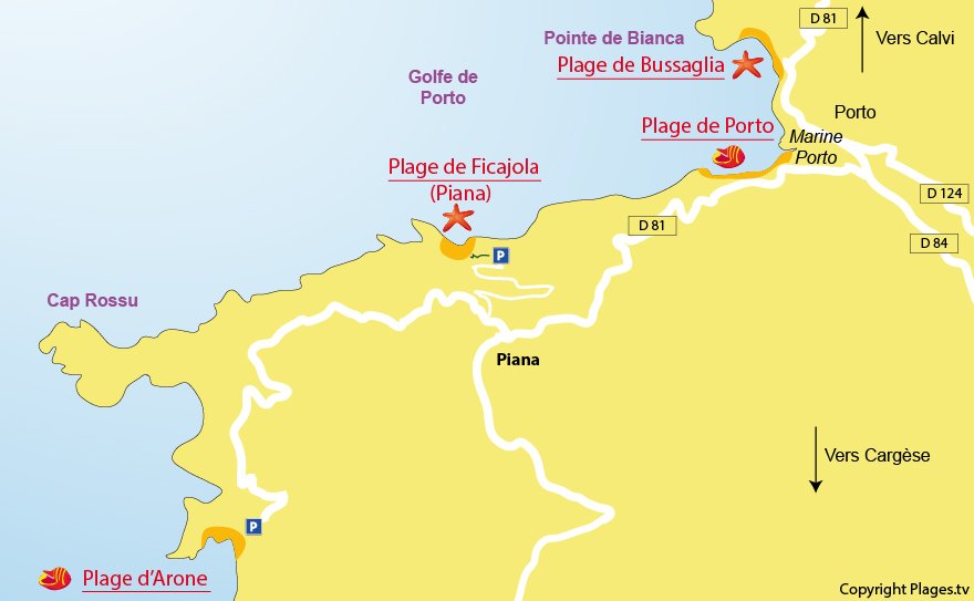 Plan des plages de Piana en Corse