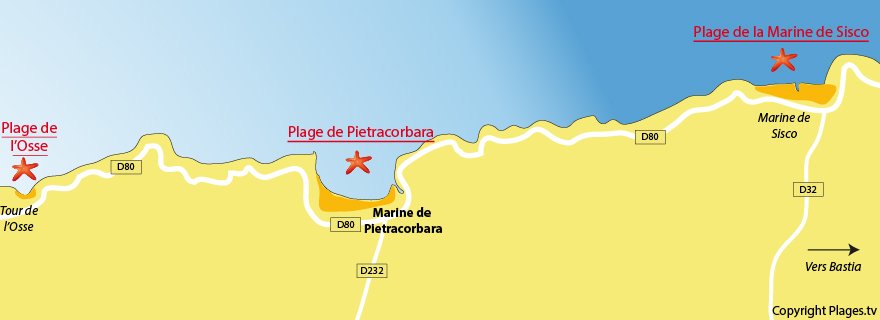 Plan de la plage de Pietracorbara en Corse (Nord de Bastia)