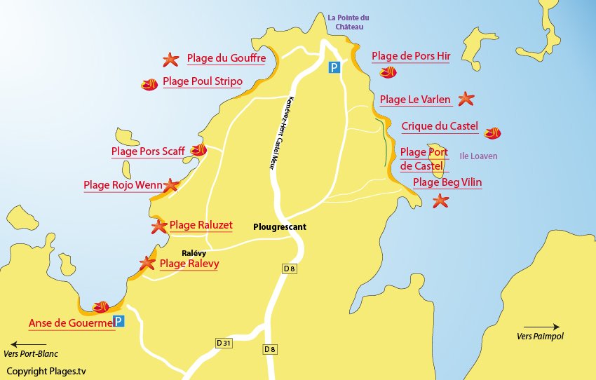 Plan des plages à Plougrescant en Bretagne