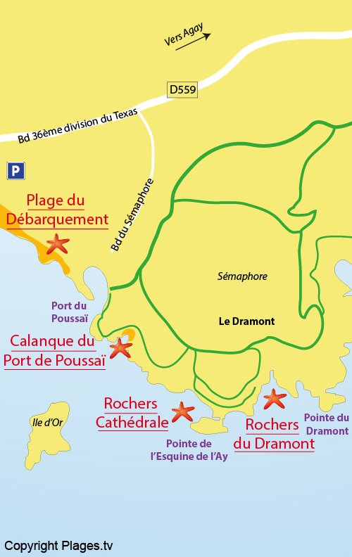 Map of the naturist beach in Dramont - Saint-Raphael