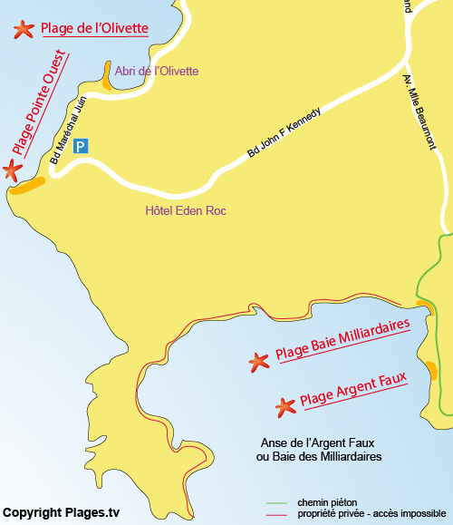 Map of Pointe Ouest Beach in Cap d'Antibes