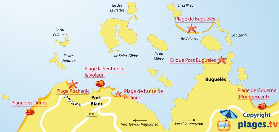 Carte des plages de Port Blanc et de Penvénan en Bretagne