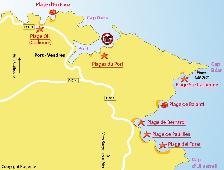 Carte des plages de Port Vendres dans les Pyrénées Orientales