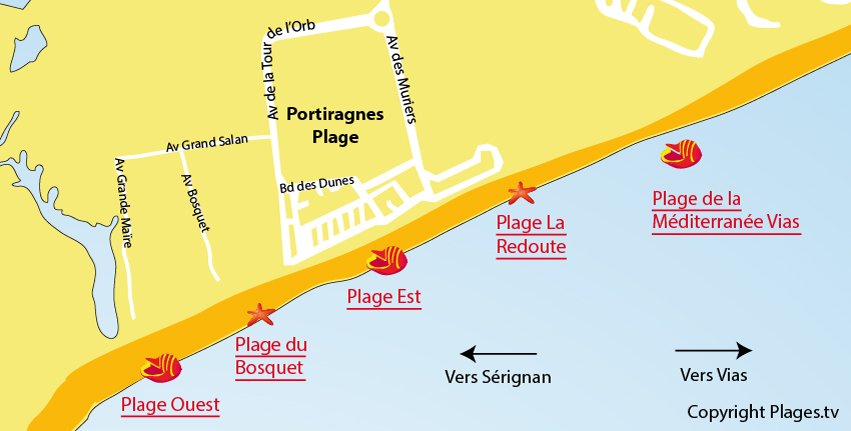 Carte des plages à Portiragnes dans l'Hérault