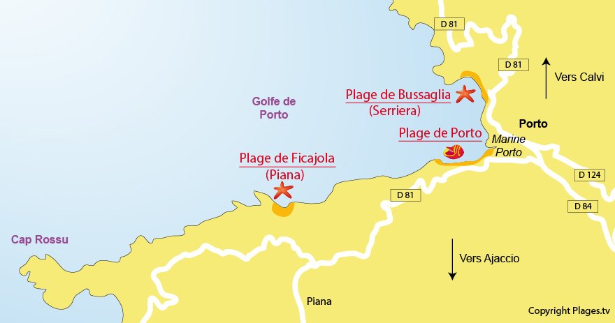 Carte des plages de Porto en Corse