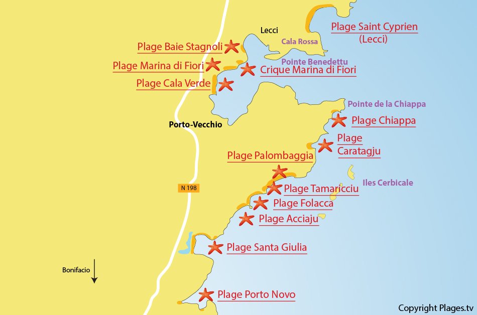 Carte des plages de Porto Vecchio