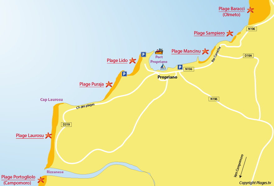 Carte des plages de Propriano en Corse