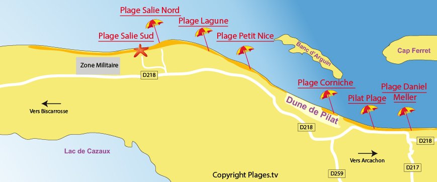 Carte des plages de Pyla sur Mer