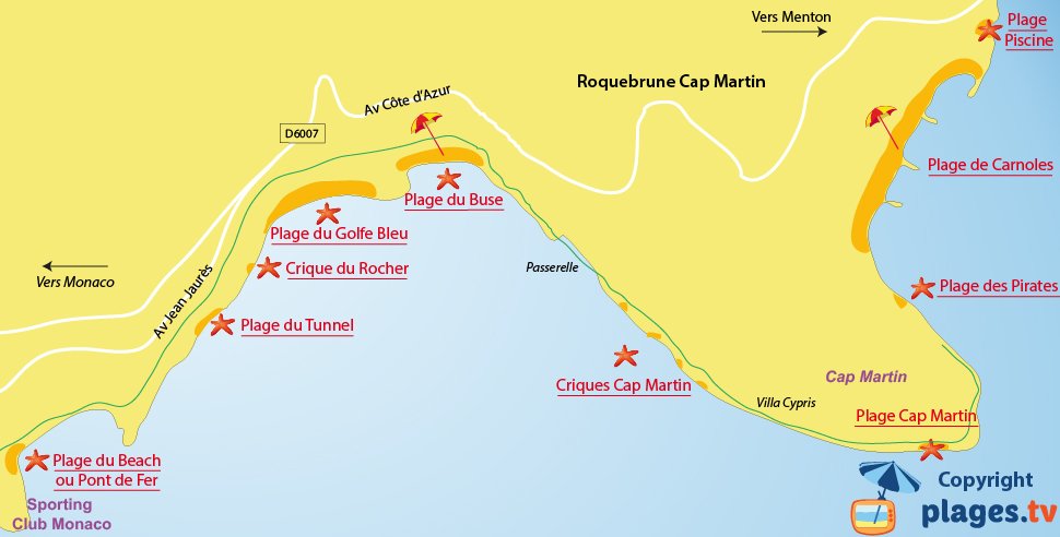 Plan des plages de Roquebrune Cap Martin 06