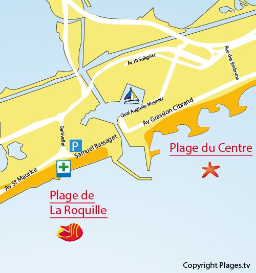 Map of Roquilles Beach in Carnon-Plage