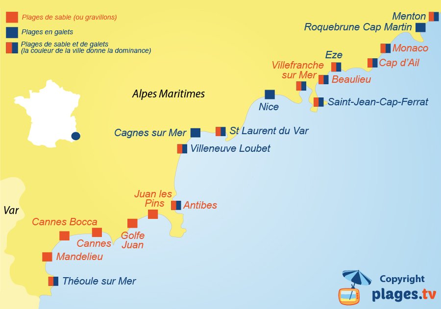 Carte des plages de sable et de galets dans les Alpes Maritimes