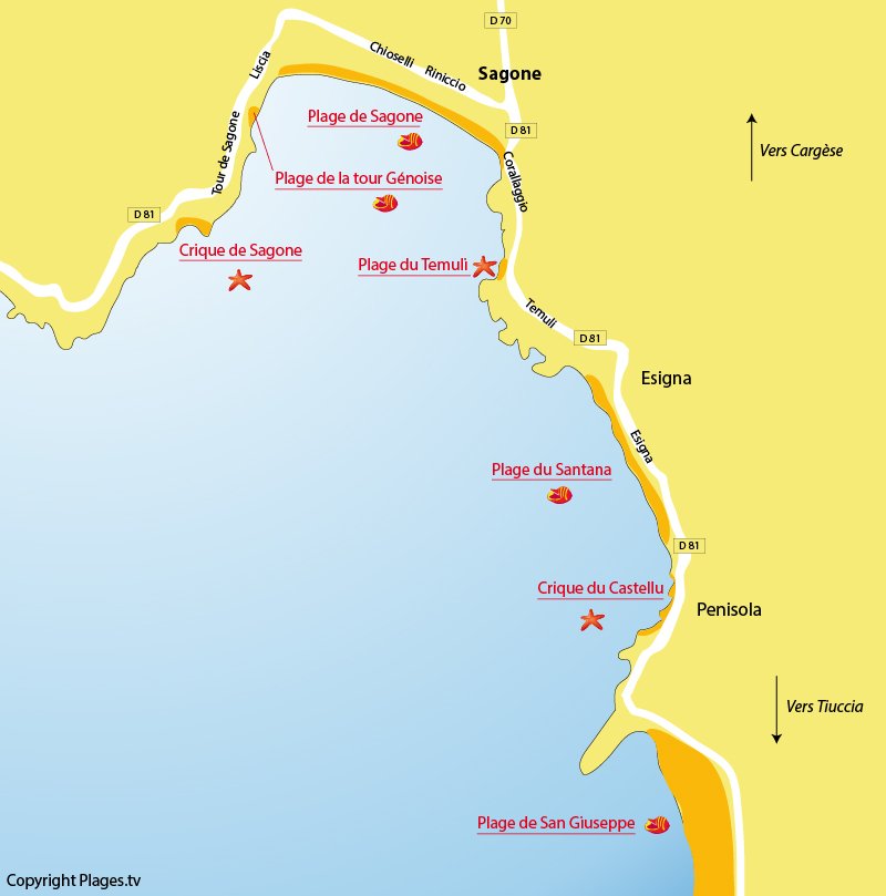 Carte des plages de Sagone en Corse