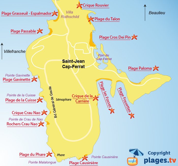 Carte des plages de Saint Jean Cap Ferrat