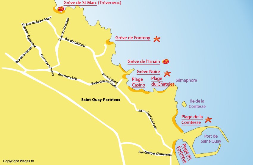 Carte des plages de Saint Quay Portrieux dans les Côtes d'Armor