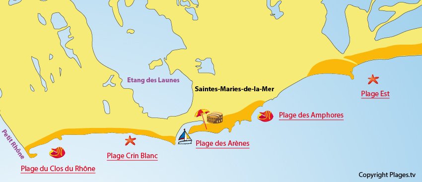 Carte des plages des Saintes-Maries de la Mer