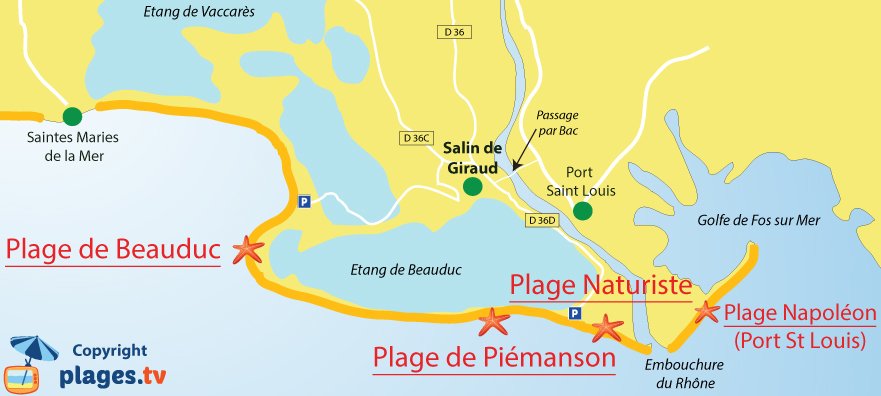 Plan des plages de Salin de Giraud et Arles