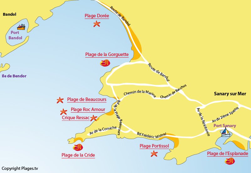 Carte des plages de Sanary sur Mer dans le Var