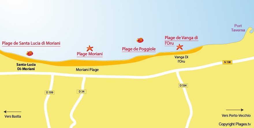 Plan des plages dans les environs de Santa Lucia di Moriani - Corse