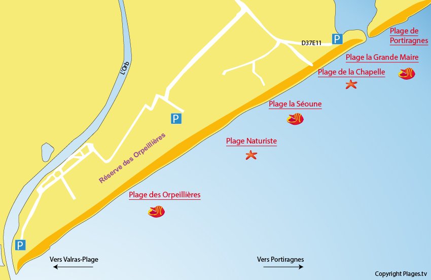 Carte des plages de Sérignan 34