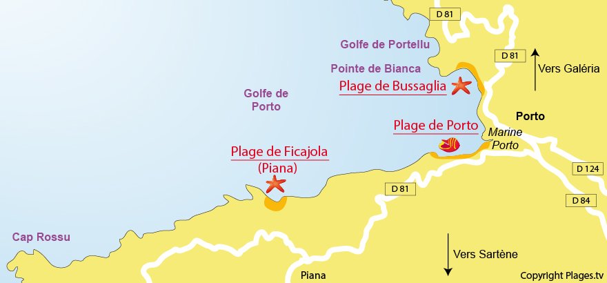 Plan des plages de Serriera dans le golfe de Porto en Corse