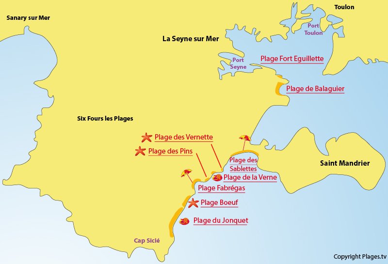 Carte des plages de La Seyne sur Mer dans le Var