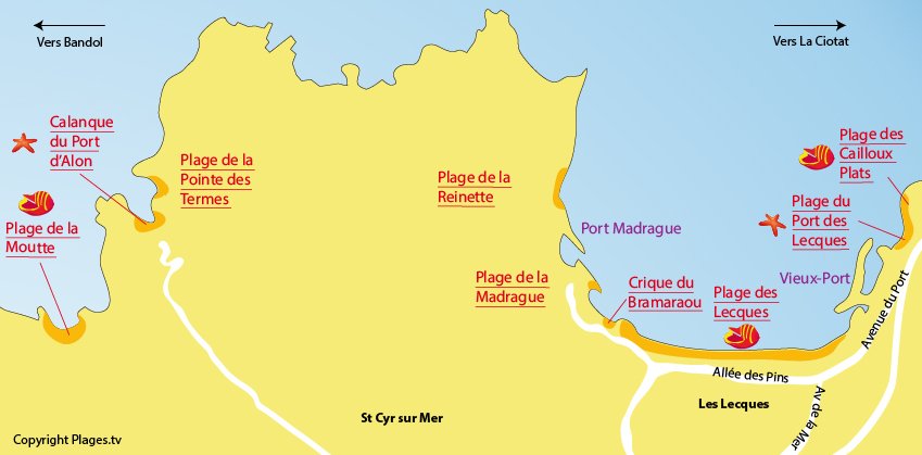 Plan des plages de St Cyr sur Mer dans le Var