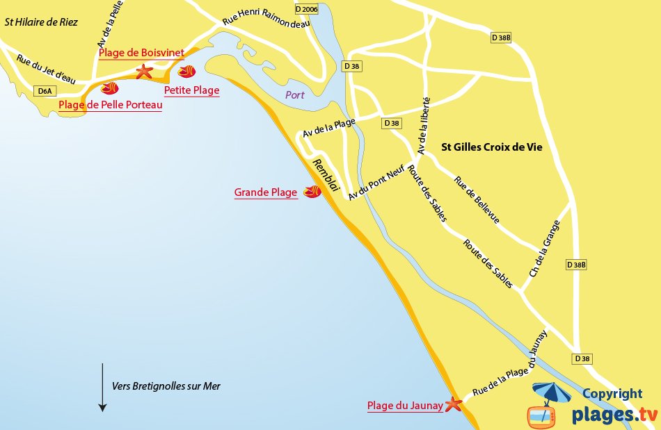 Plan des plages de St Gilles Croix de Vie (Vendée)