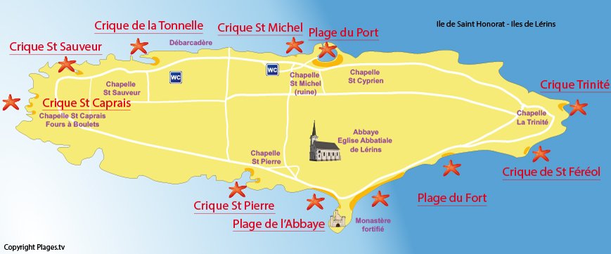 Carte des plages sur l'île de Saint Honorat - Iles de Lérins