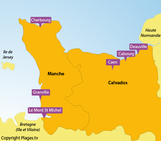 Carte des plages et des stations balnéaires de la Basse Normandie