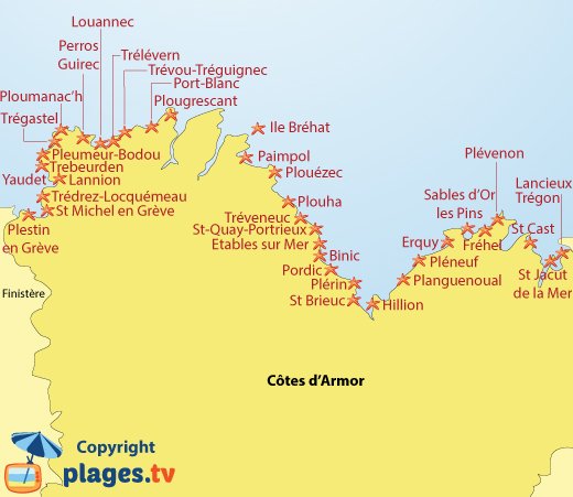 Mappa delle spiagge e località della Côtes d'Armor - Bretagna - Francia