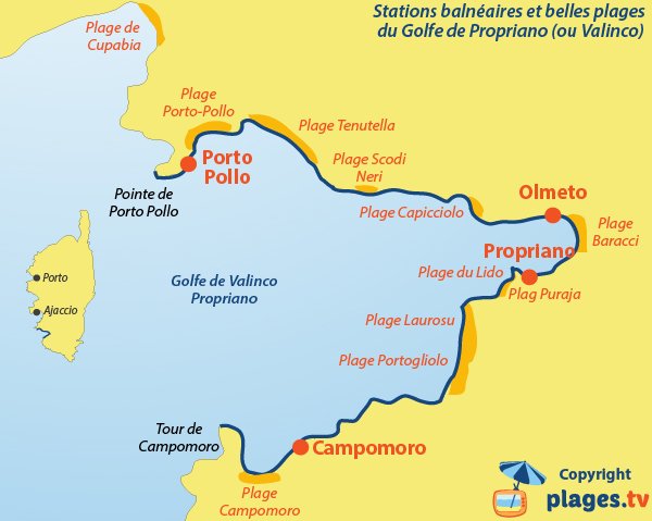 Carte des plages et stations balnéaires du golfe de Propriano - Valinco