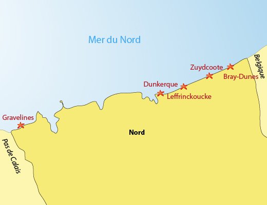 Carte des plages et des stations balnéaires du Nord