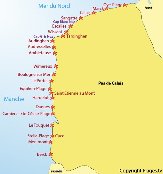 Carte des plages et des stations balnéaires du Pas de Calais