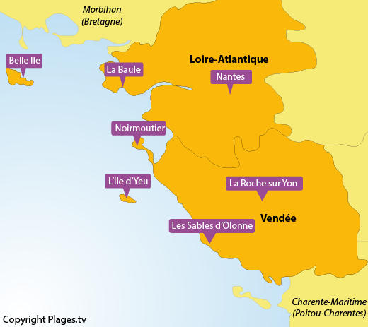 Map of the beaches and seaside resort in Pays de la Loire in France