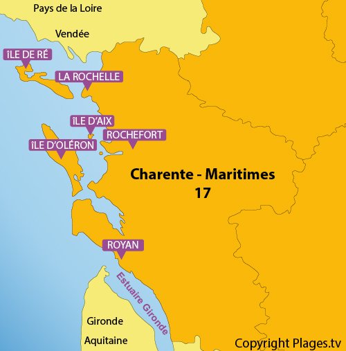 Carte des plages et des stations balnéaires du Poitou Charentes