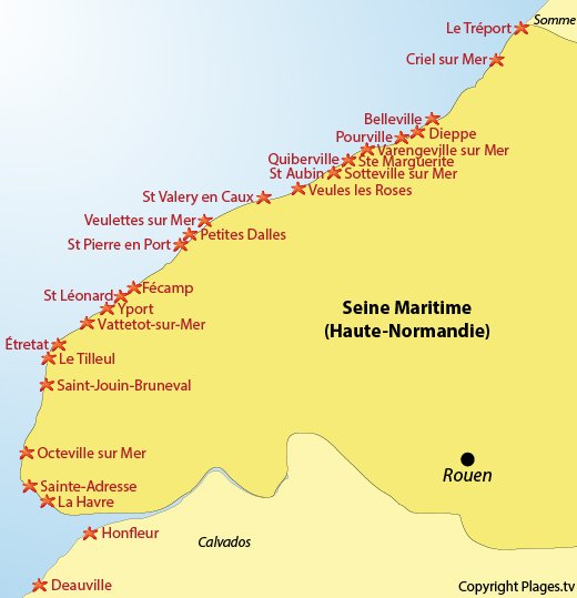 Map of the beaches and seaside in Seine Maritime (Normandy) - France