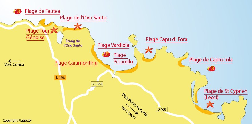 Carte des plages de Ste Lucie de Porto Vecchio