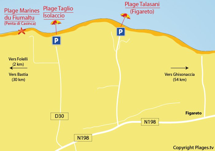 Plan des plages autour de Taglio Isolaccio en Corse - Côte Orientale