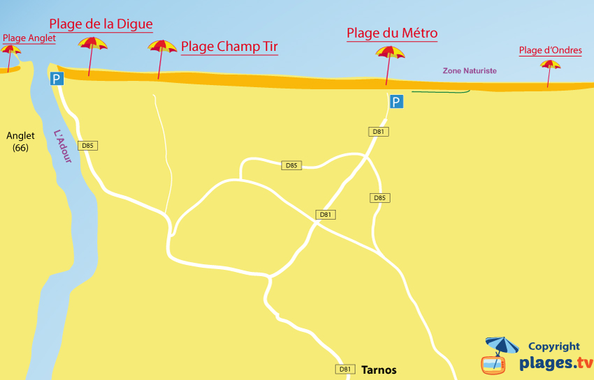 Carte des plages de Tarnos dans les Landes