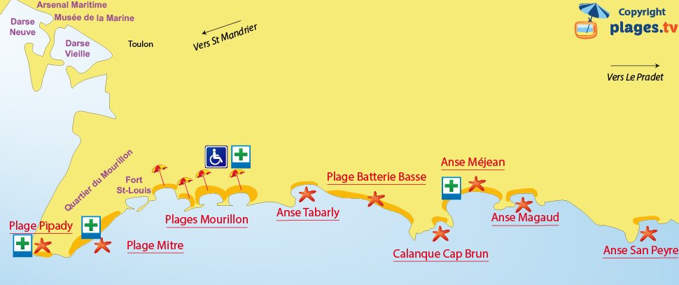 Plan des plages de Toulon dans le Var