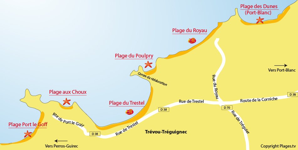 Carte des plages de Trévou Tréguignec en Bretagne