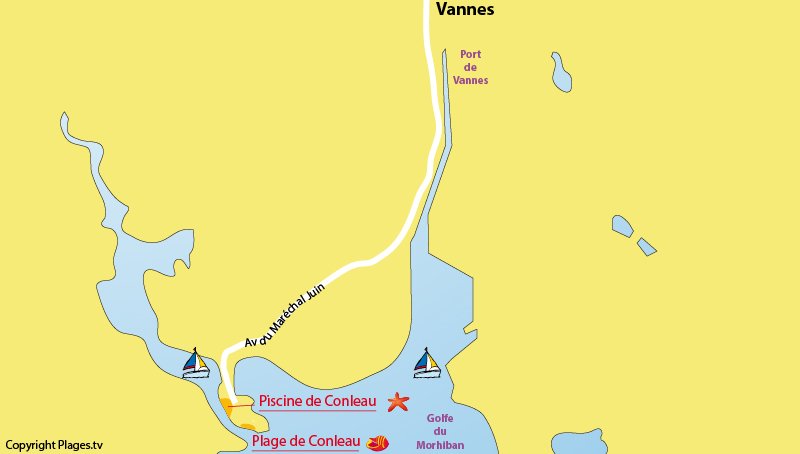 Carte des plages à Vannes dans le Golfe du Morbihan