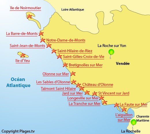 Map of the beaches and seaside resort in Vendee - France