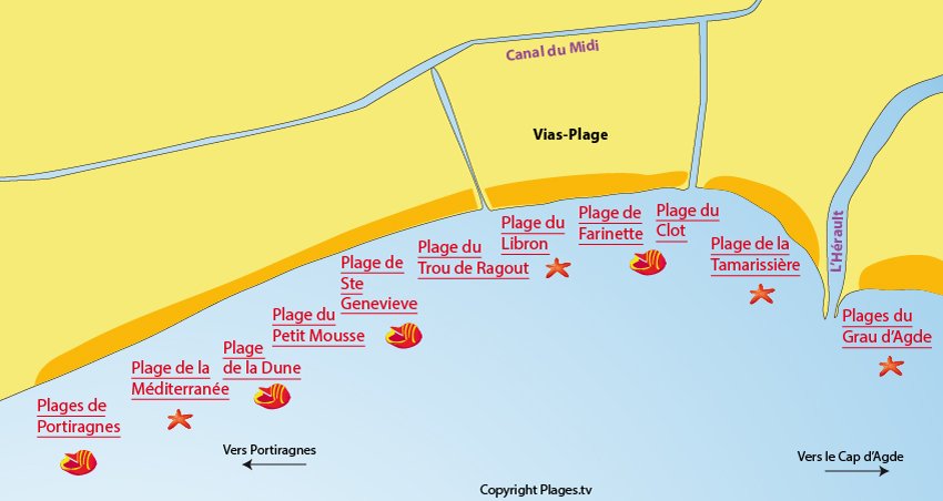 Plan des plages à Vias dans l'Hérault