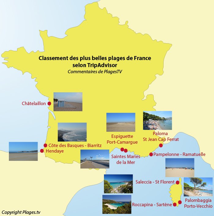 Carte des plages les plus belles de France selon TripAdvisor