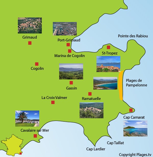 Carte avec les points d'intérêts de la presqu'île de Saint Tropez