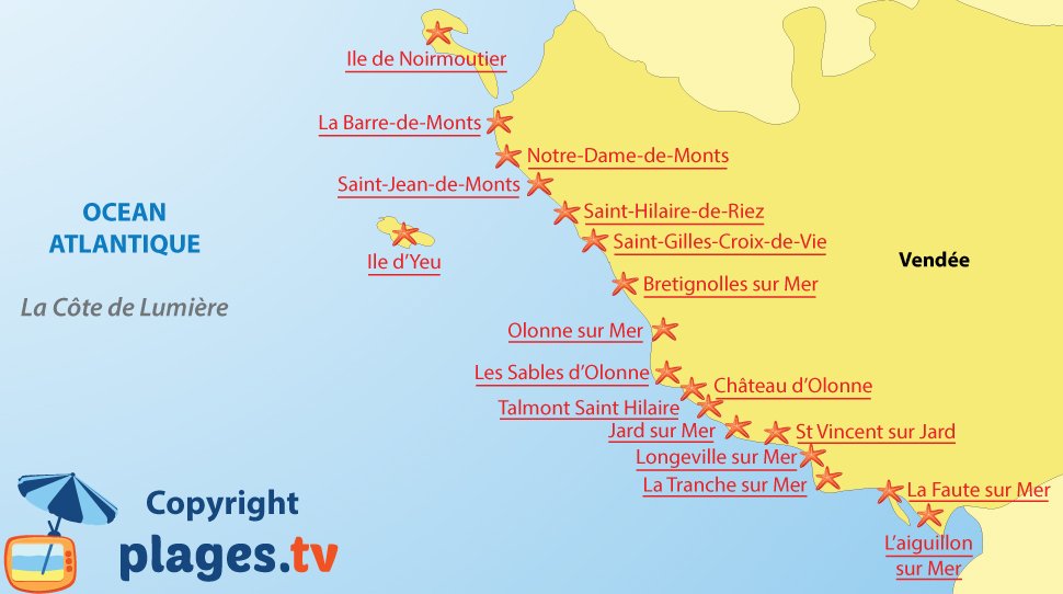 Carte des stations balnéaires et des plages de la côte de Lumière en Vendée